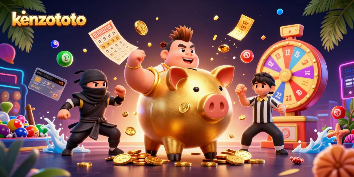 Engage with kenzototo's vibrant scene featuring a piggy bank wrestler amidst lottery balls and prizes.