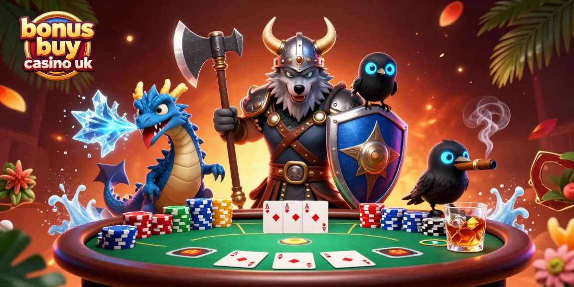 Experience thrilling gameplay at bonus buy casino uk with Viking and dragon amidst colorful poker action.