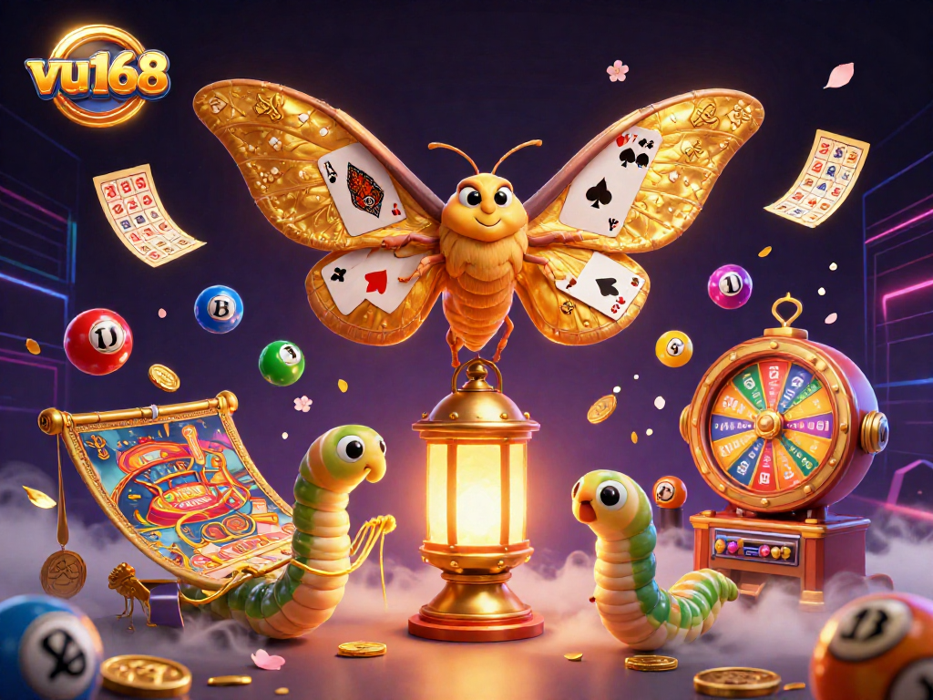 Experience the thrill of vu168 casino with vibrant lottery elements and a majestic moth illustration.