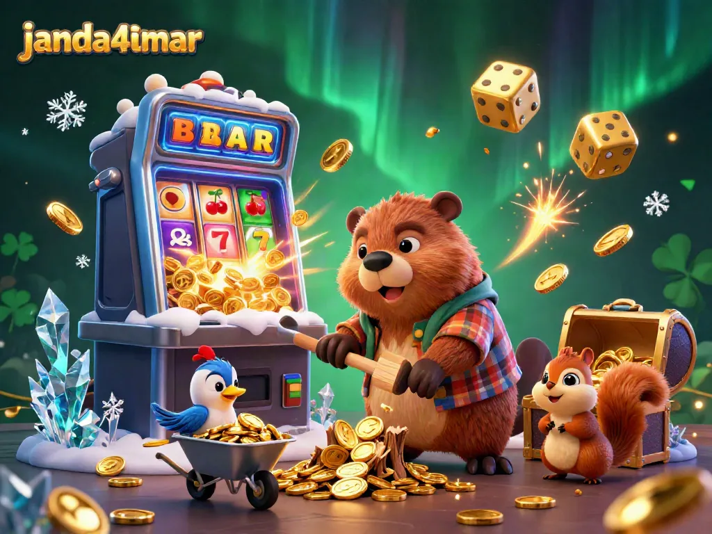 JANDA4D: Ilustrasi kartun 3D menunjukkan beruang penebang kayu mengumpulkan koin sambil berinteraksi dengan mesin slot.