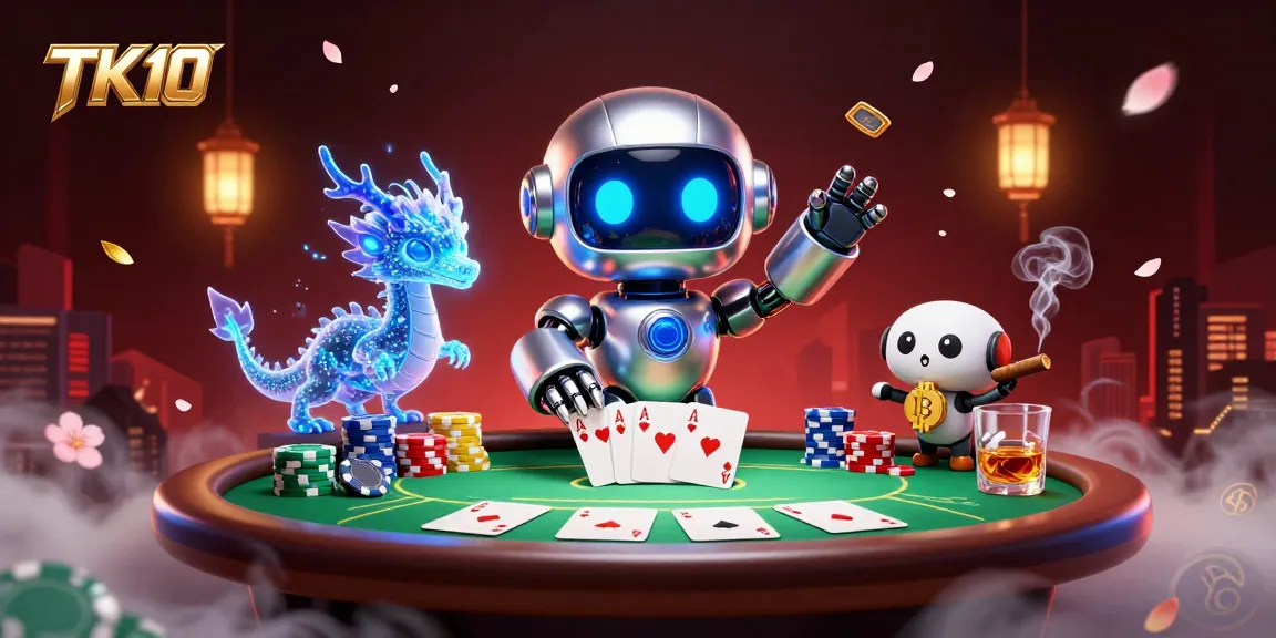 TK10 showcases a vibrant 3D illustration of a cyberpunk robot at a poker table, maximizing winnings.