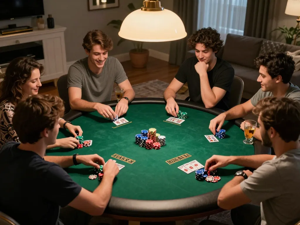 Friends enjoy poker night at home, a lively scene of strategic gameplay emphasizing trang chủ ok365 camaraderie and excitement.