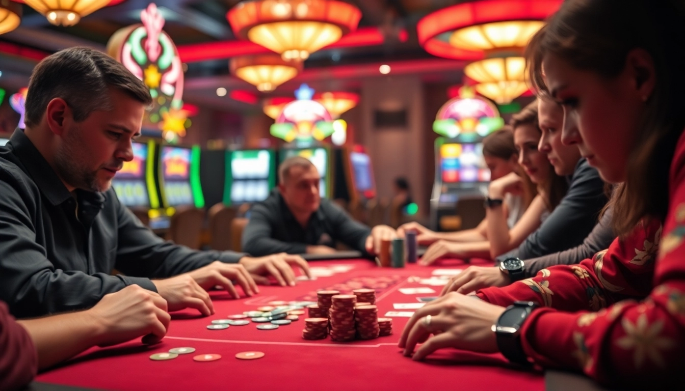 arushoki memainkan poker dengan pemain fokus dan slot machines di latar belakang