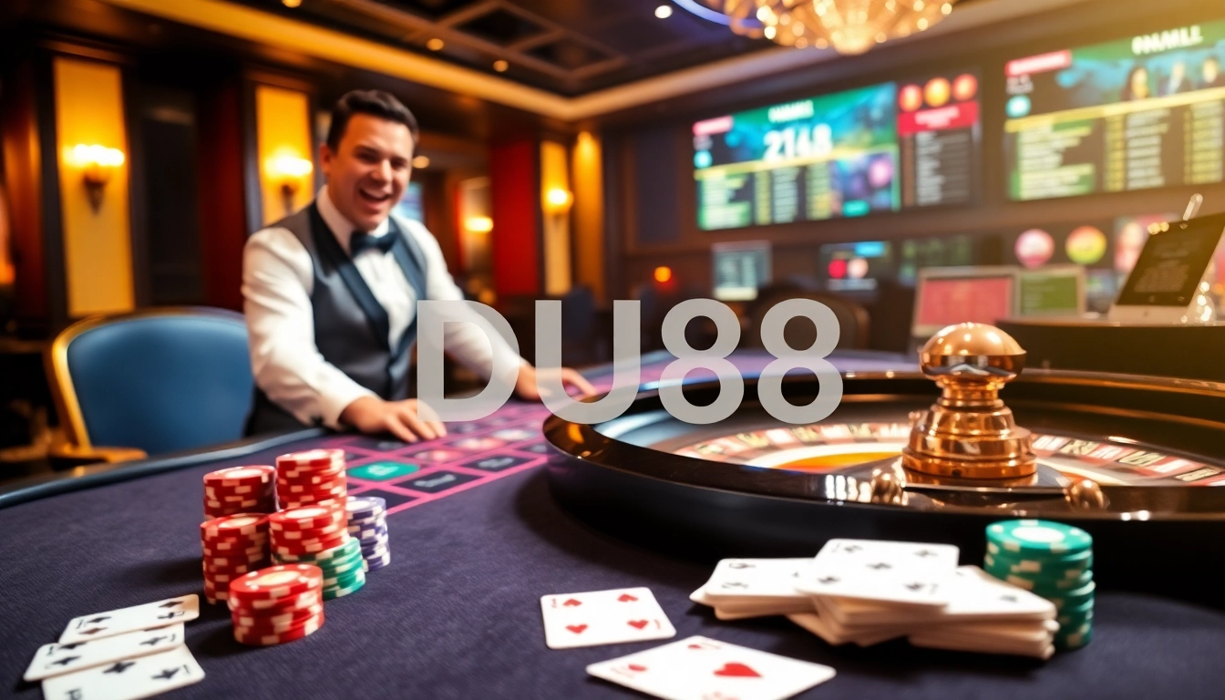 Experience the thrill of DU88 with an exciting roulette table and vibrant poker chips.
