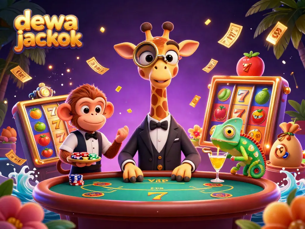 Permainan slot dewa jackpot dengan jerapah berjudi dan suasana meriah.