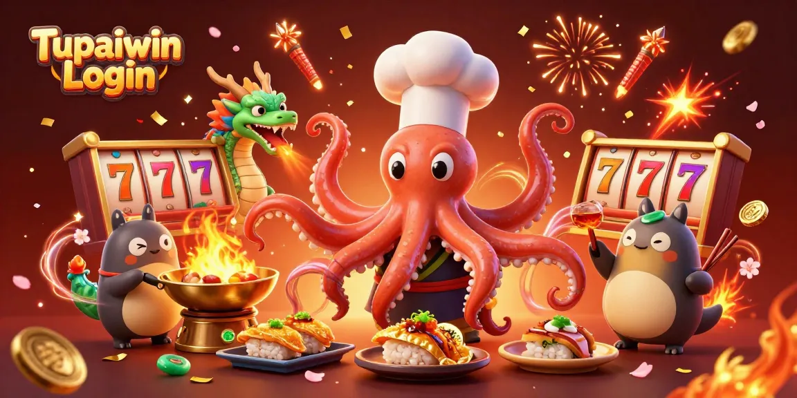 Tupaiwin Login engaging with a vibrant scene of a sushi chef octopus and dragon, showcasing lively casino elements.