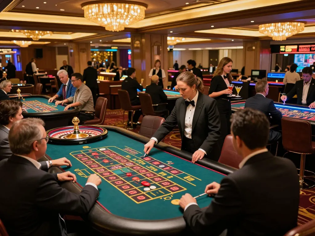 F8BET players eagerly placing bets at a roulette table in an upscale casino environment