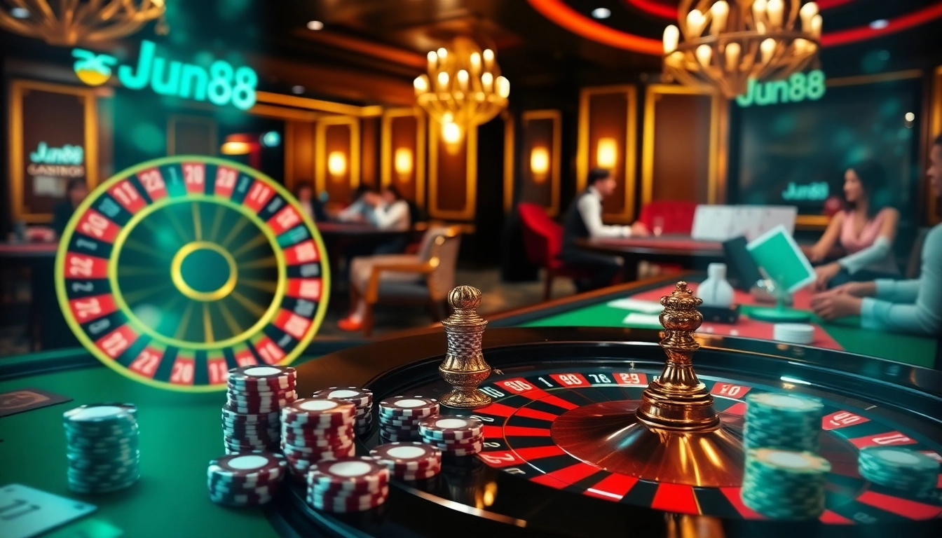 Experience the thrill of Jun88 casino with vibrant poker tables and a spinning roulette wheel.