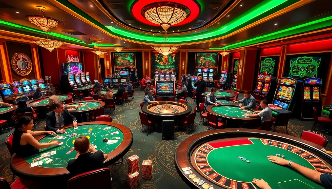 Experience the excitement of MM88 in a luxurious casino scene filled with players and vibrant gaming elements.
