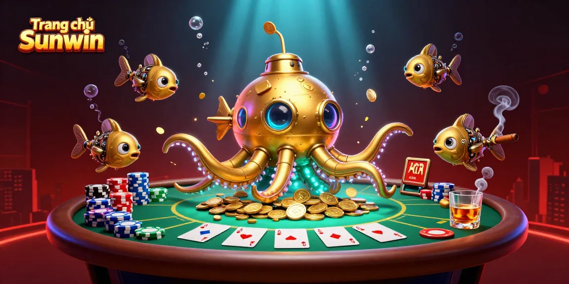 Win with slots and poker at Trang chủ Sunwin, featuring a golden kraken and vibrant casino scene.