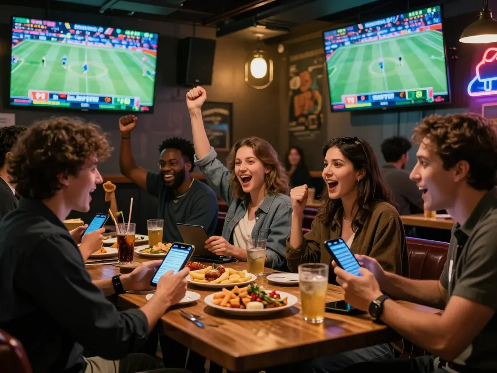 Exciting gambling scene at Bong99's sports bar, showcasing patrons cheering for live events with mobile betting.