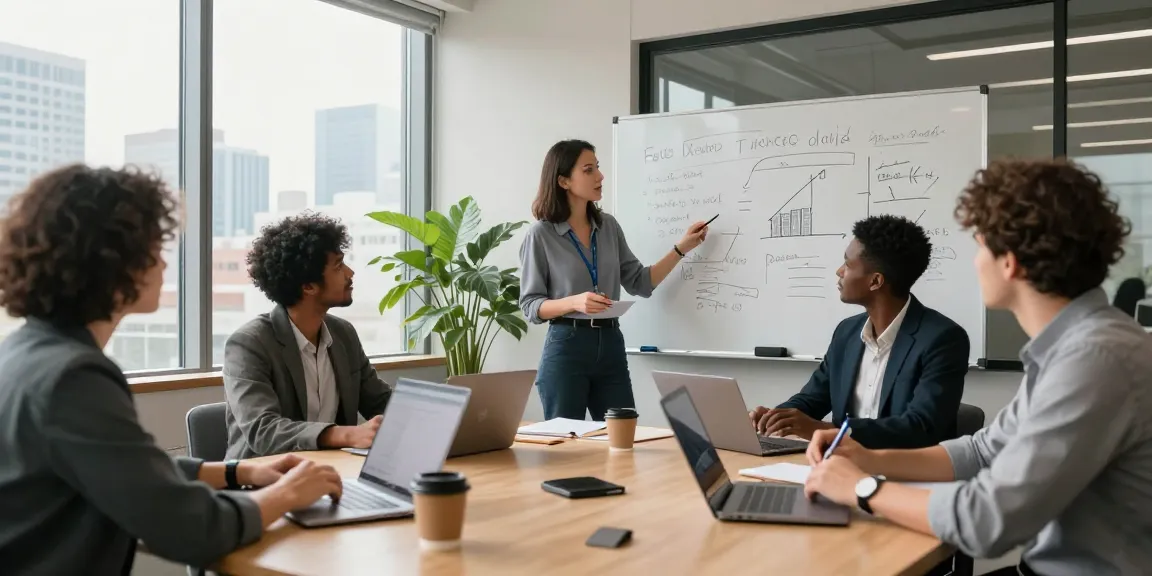 Dynamic business team collaborating on a bizop strategy in a modern office setting