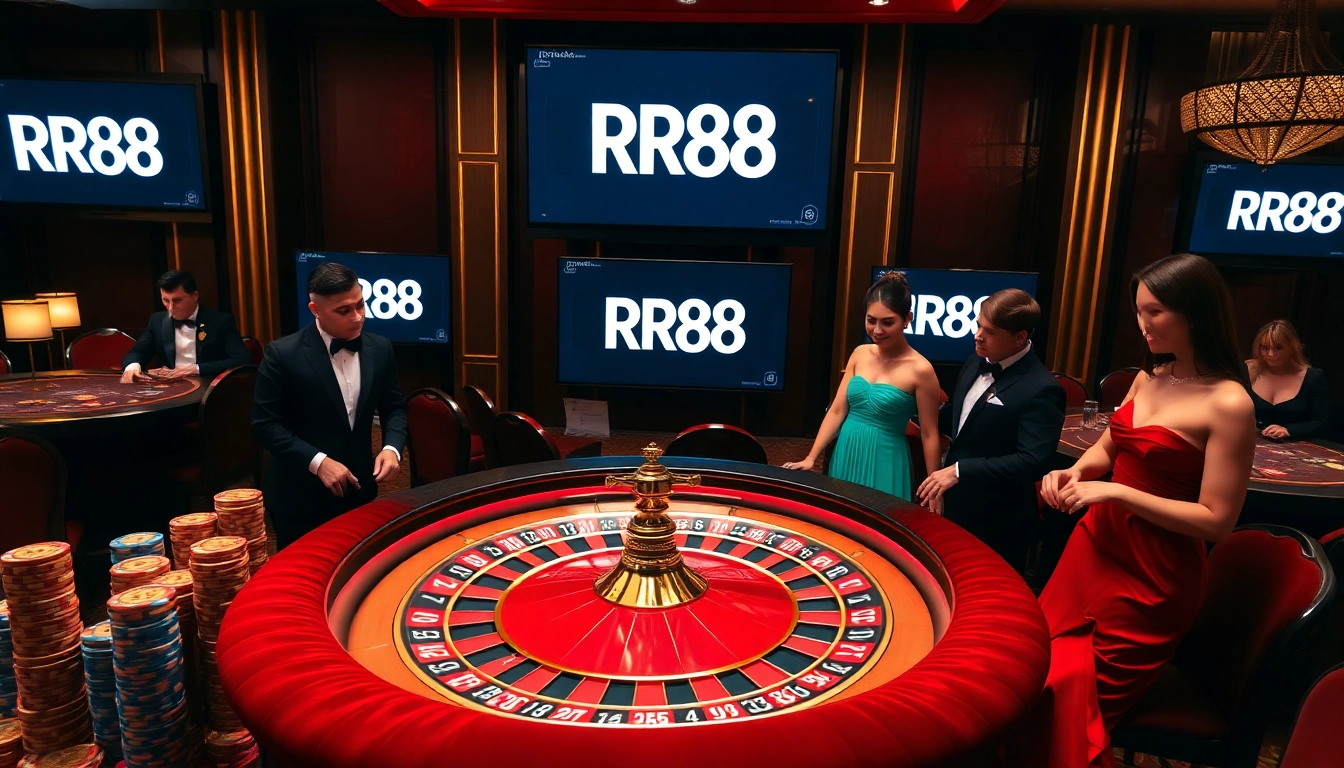 Players enjoying a thrilling game at RR88's luxurious casino table with poker chips and roulette.