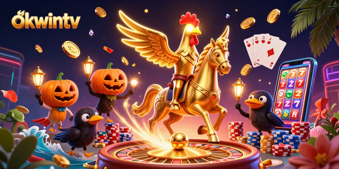 Experience high-action gaming with okwintv's vibrant 3D depiction of a golden rooster and its spectral companions amidst thrilling casino elements.