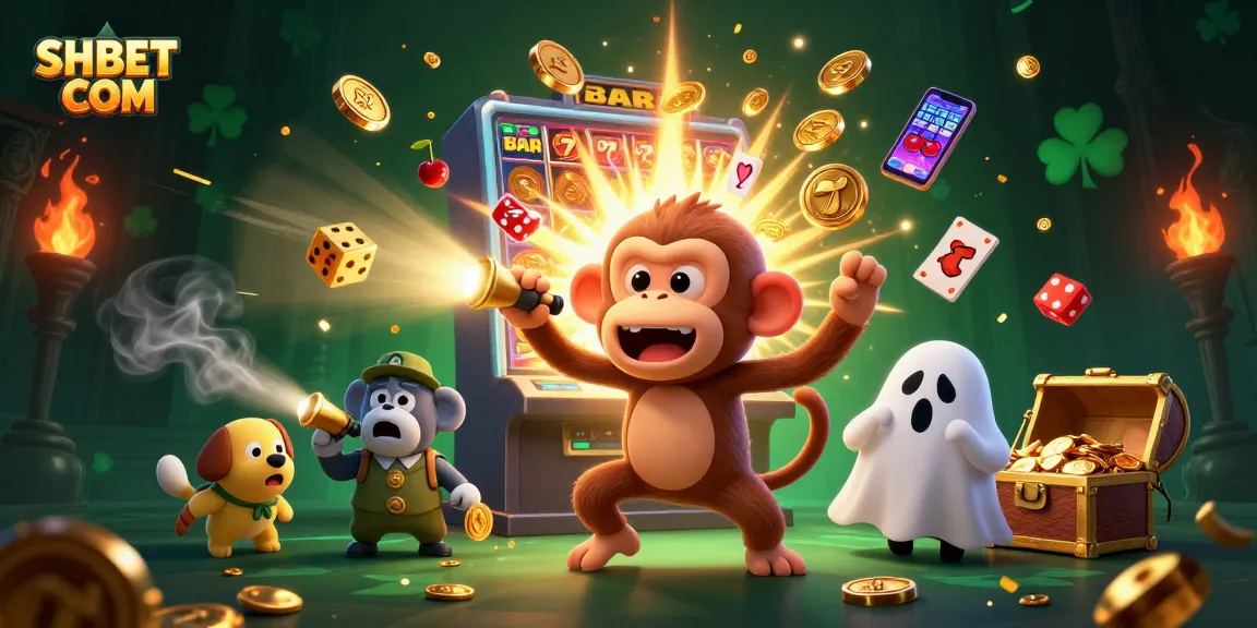 Engage with SHBET COM in a vibrant casino scene featuring a mischievous monkey and a curious puppy.