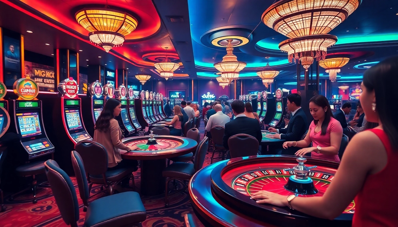 Players experiencing excitement at MM88 COM casino tables, enjoying various games and vibrant atmosphere.