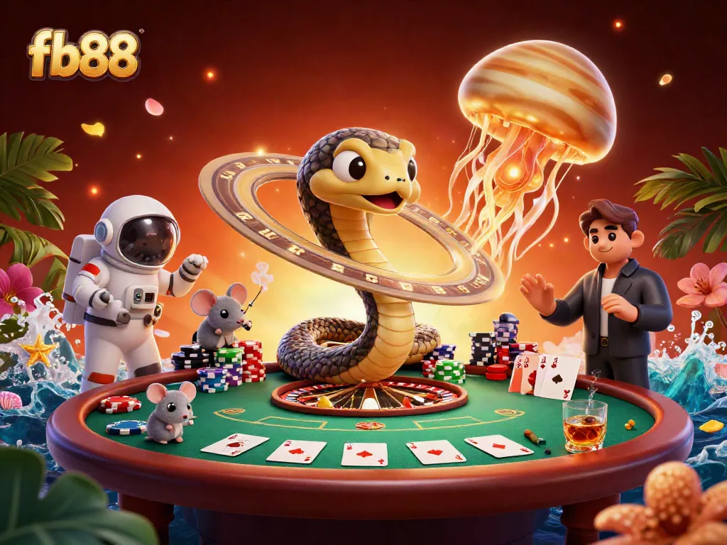 Experience the exciting atmosphere of fb88 with vibrant casino-themed elements, showcasing engaging gambling action and lively characters.