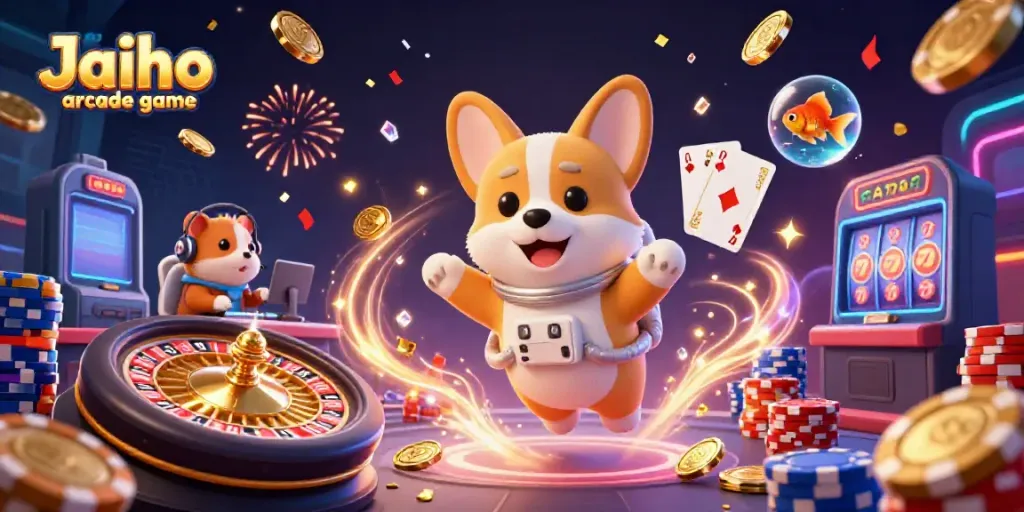 Experience the excitement of the Jaiho arcade game with a floating corgi and vibrant casino elements.