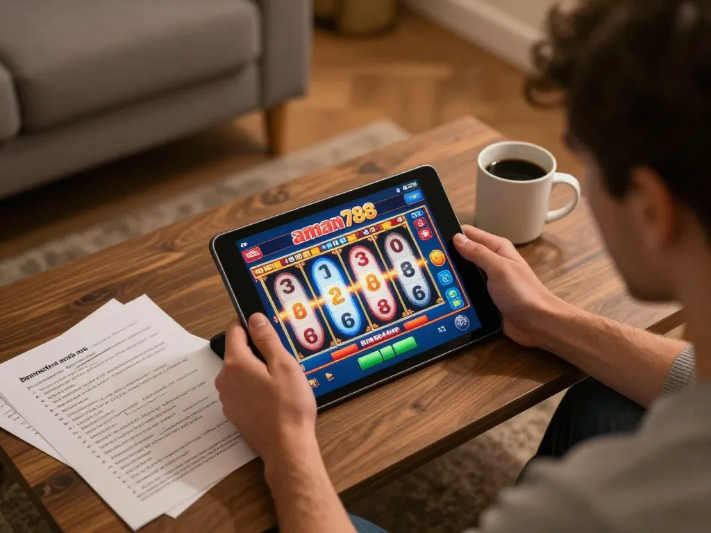 Bermain aman788 slot online di tablet dalam lingkungan rumah yang nyaman, menampilkan strategi taruhan