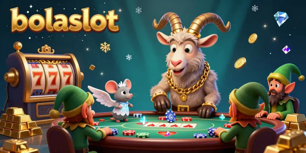Experience the thrill of bolaslot with a playful casino scene featuring a Krampus managing games amidst gold and gems.