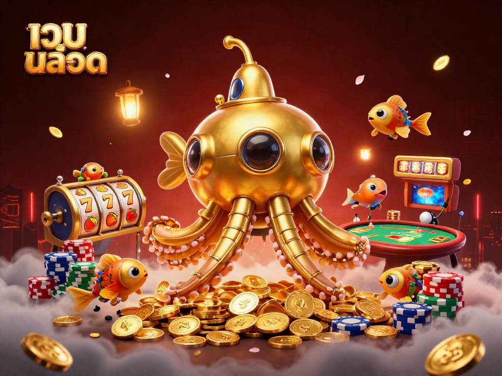 Engage with เว็บสล็อต featuring a golden kraken and mechanical fish amidst casino symbols.