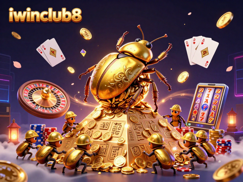 Experience the excitement of iwinclub8 with golden beetles and vibrant casino elements.