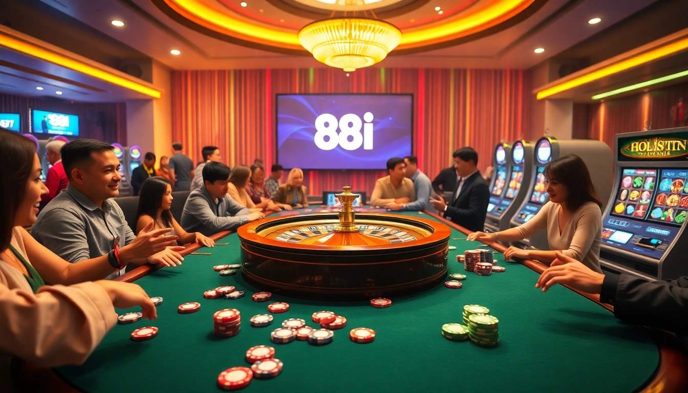 Exciting casino scene showcasing 88I's vibrant poker table and roulette wheel.