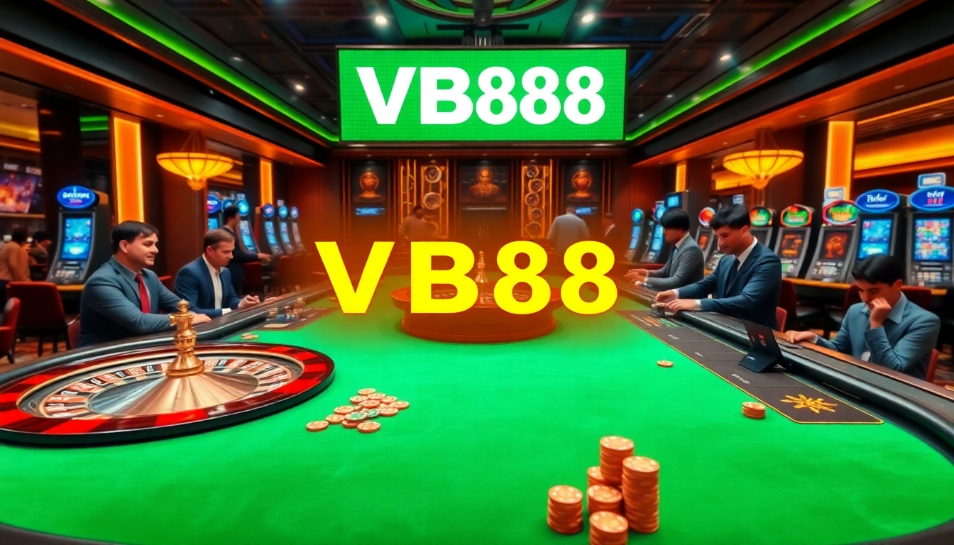 Engage with thrilling VB88 casino action at a vibrant gambling table with players and roulette wheels.