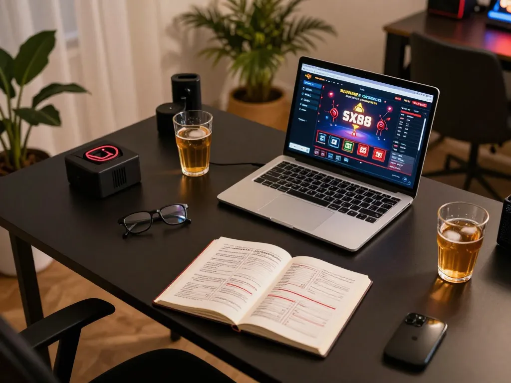 SX88 online gaming setup with laptop showing casino interface and strategy notes.