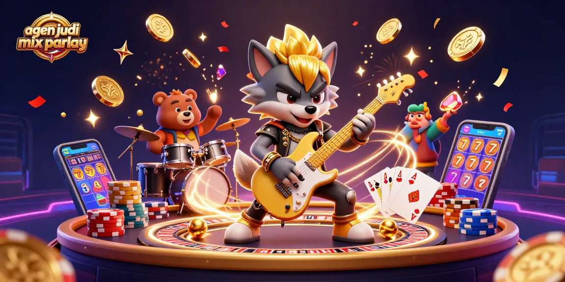 Engage in action-packed agen judi mix parlay fun with vibrant 3D casino illustration featuring dynamic characters.