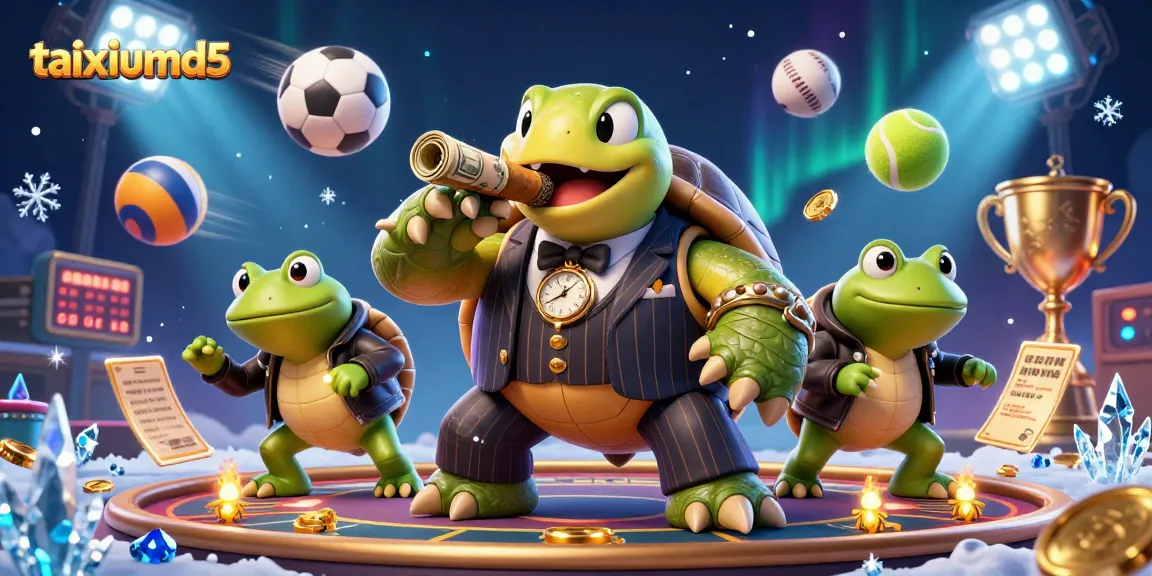 Engage with the excitement of taixiumd5 as a snapping turtle leads a casino scene with betting elements and dynamic sports excitement.