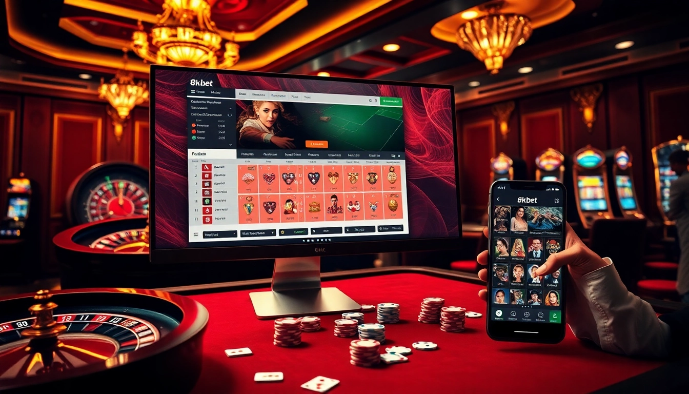 8kbet online gaming interface amidst a luxurious casino atmosphere featuring poker chips and roulette wheels.