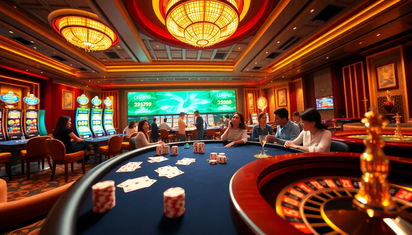 Experience the excitement of GG88 with players at a luxurious poker table and vibrant slot machines.