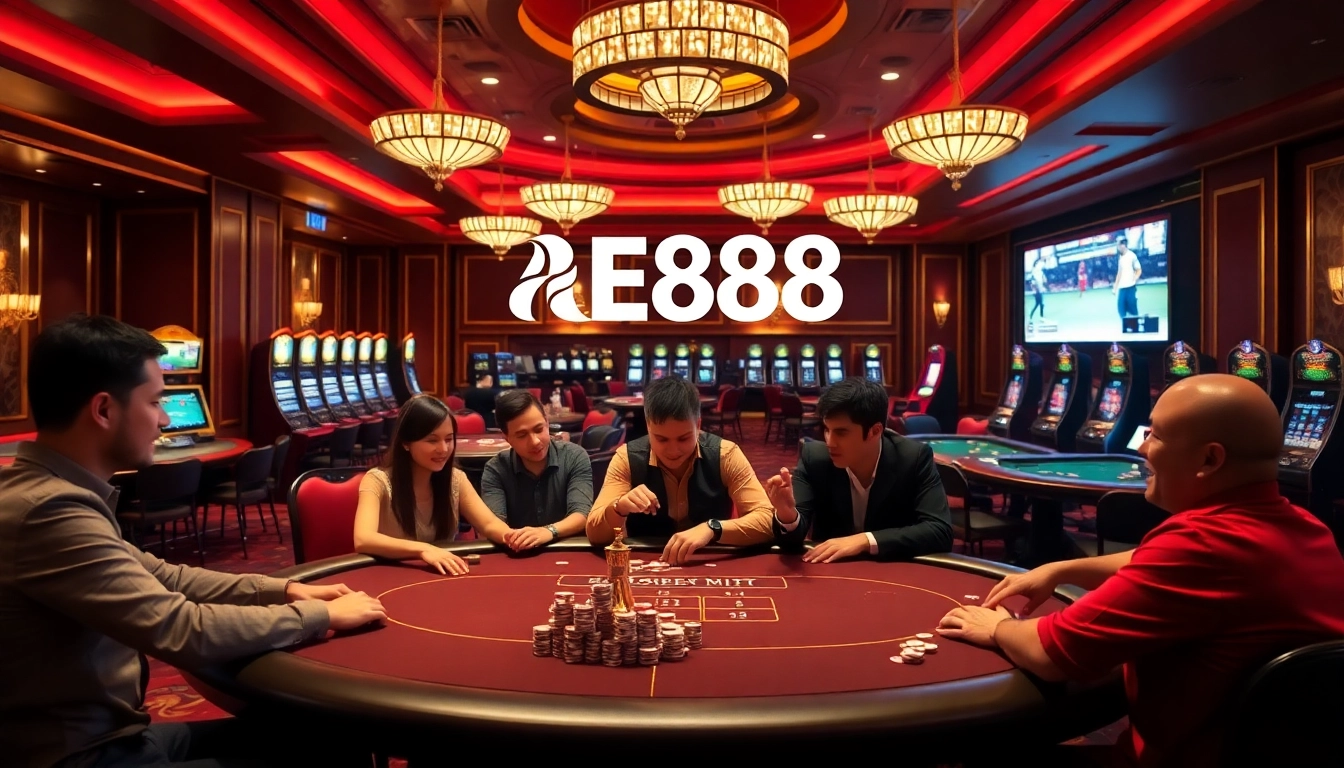 A vibrant poker scene with players strategizing at AE888's luxurious gaming tables, showcasing excitement and professionalism.