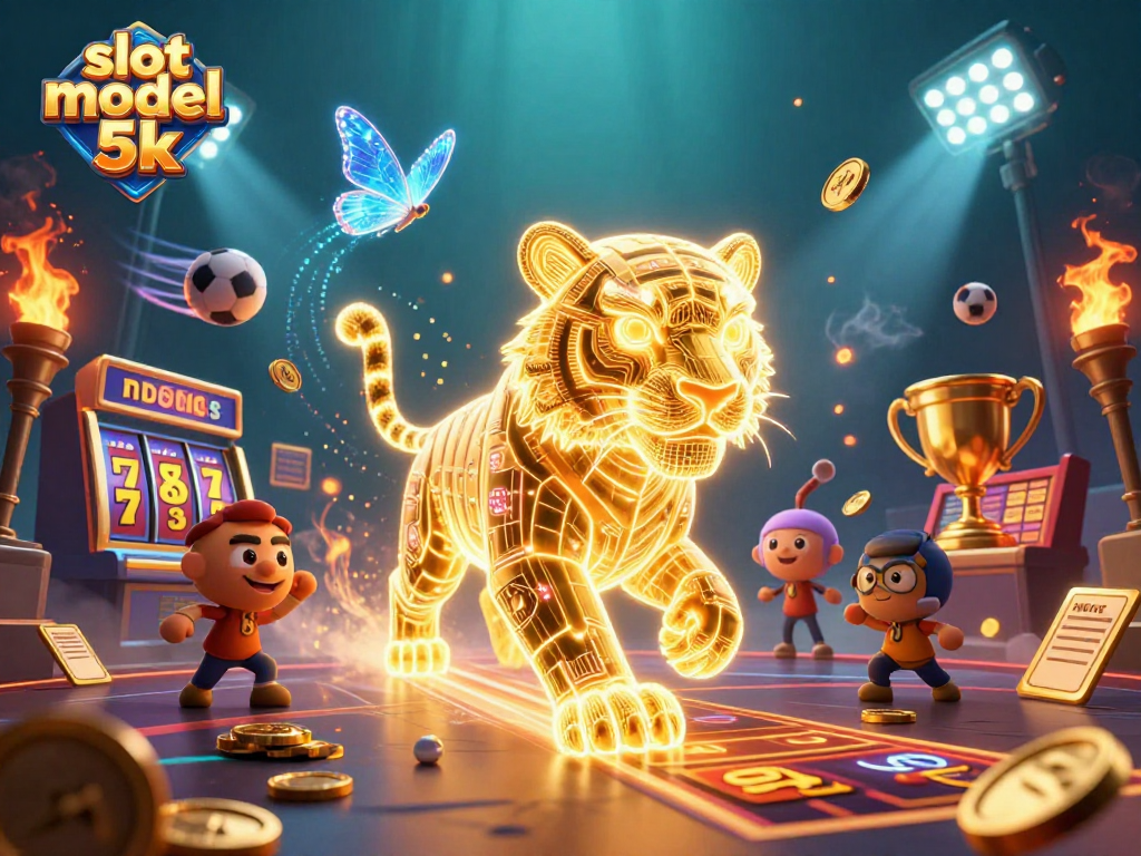 Play slot modal 5k with thrilling 3D visuals of animated slot reels and golden elements in a vibrant casino setting.