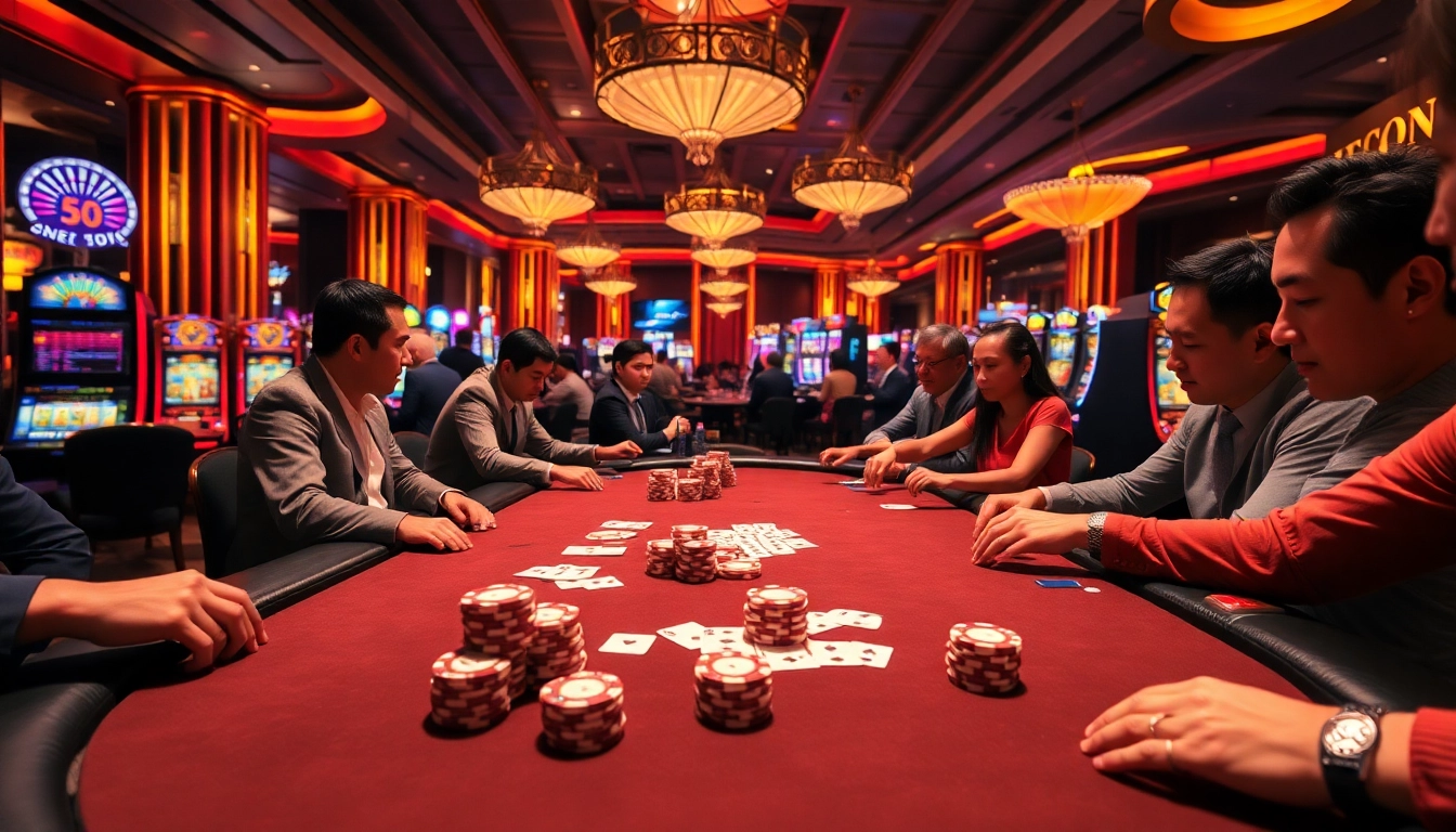 Bong88 players engaging in a thrilling poker game at a luxurious casino setting.