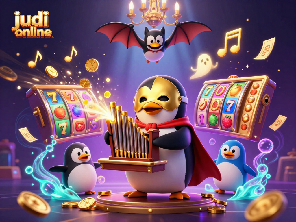 Experience judi online excitement with a vibrant slot scene featuring a penguin organist and golden coins.