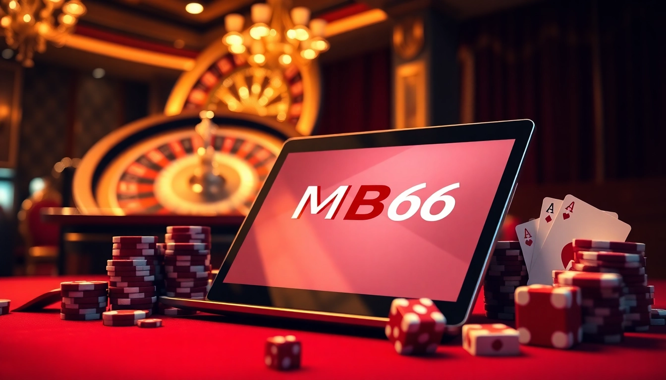 Experience the excitement of MB66 with a vibrant online casino scene featuring poker chips and a roulette wheel.