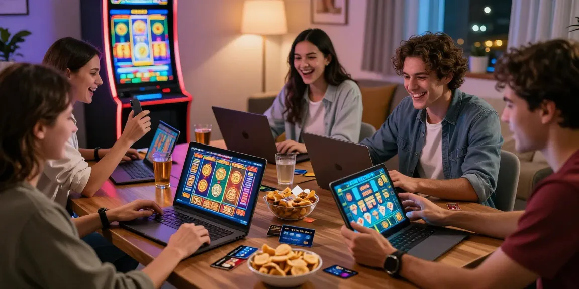 Friends enjoying credit card casino reviews while playing online games together in a cozy living room.