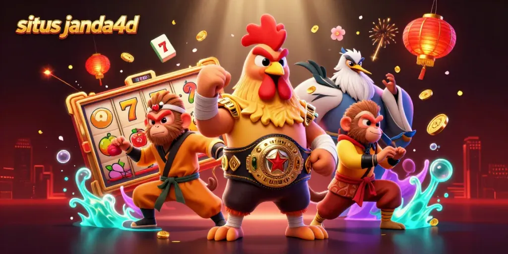 Gambarkan kemenangan situs janda4d dengan ilustrasi kasino yang menampilkan karakter ayam Muay Thai dan simbol slot bergerak.