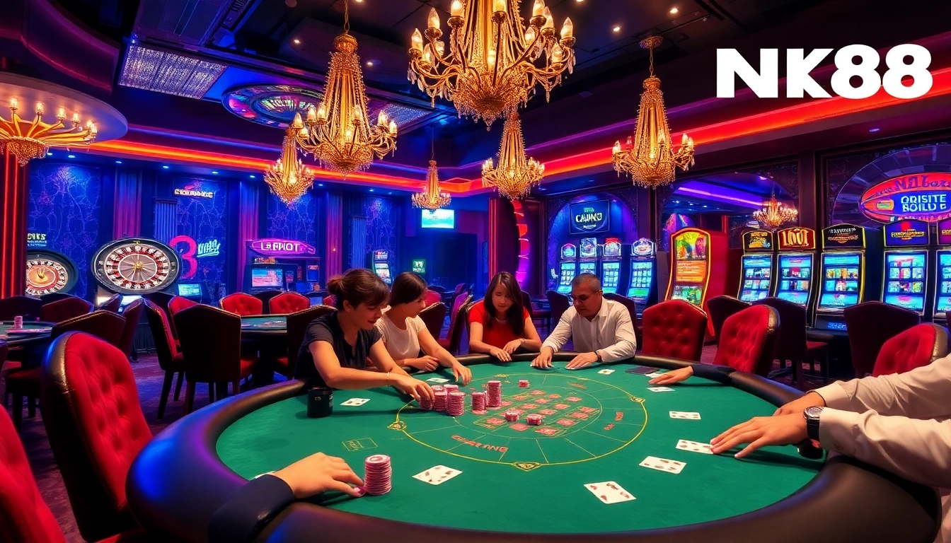 Players enjoying a high-stakes game at NK88 with vibrant poker chips and elegant decor.