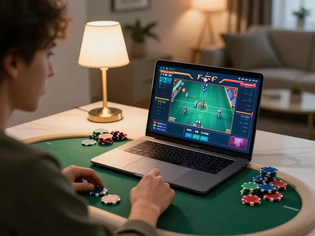KONG88 player engaging in an online poker game at home, vibrant gaming atmosphere with colorful chips.