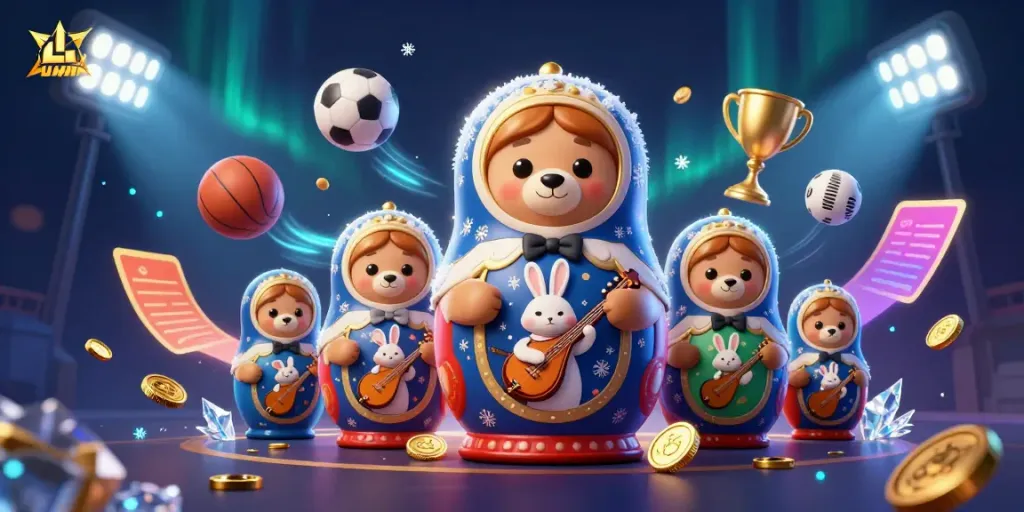 Experience thrilling casino action with LLWIN and cartoon characters celebrating gaming, surrounded by dynamic sports elements.