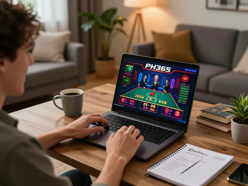 Engaging with live dealer games on PH365.cx at a cozy home gaming setup, highlighting player strategy.