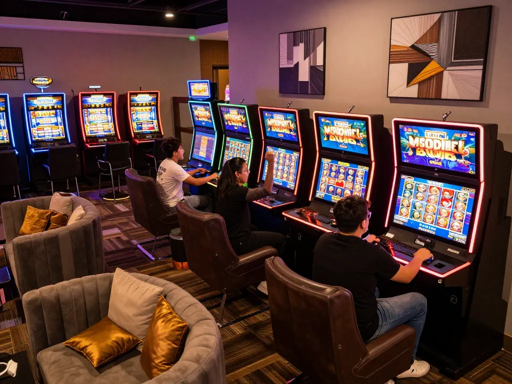 Players celebrating wins on slot gacor machines in a vibrant casino atmosphere