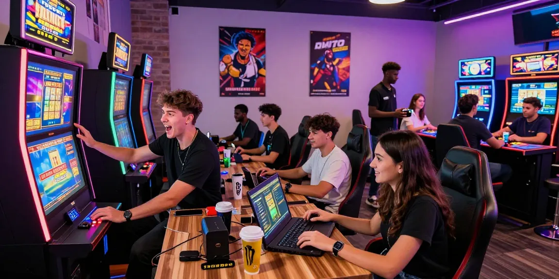 Excited players immersed in non UKGC casinos atmosphere with gaming screens, promotions, and vibrant decor.