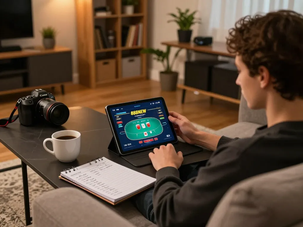 Person engaged in 888NEW online poker game strategy at home, reflecting responsible gambling.