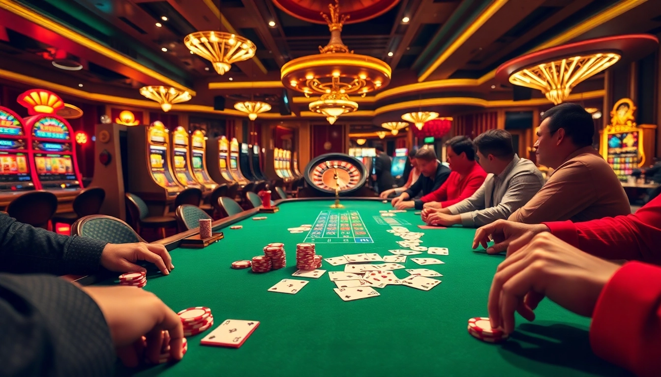 Excited players immersed in a thrilling game at XX88 casino's elegant gaming table filled with colorful chips.