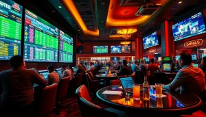 Engaging online betting atmosphere featuring bettors and vibrant sports odds displays in a lively casino.