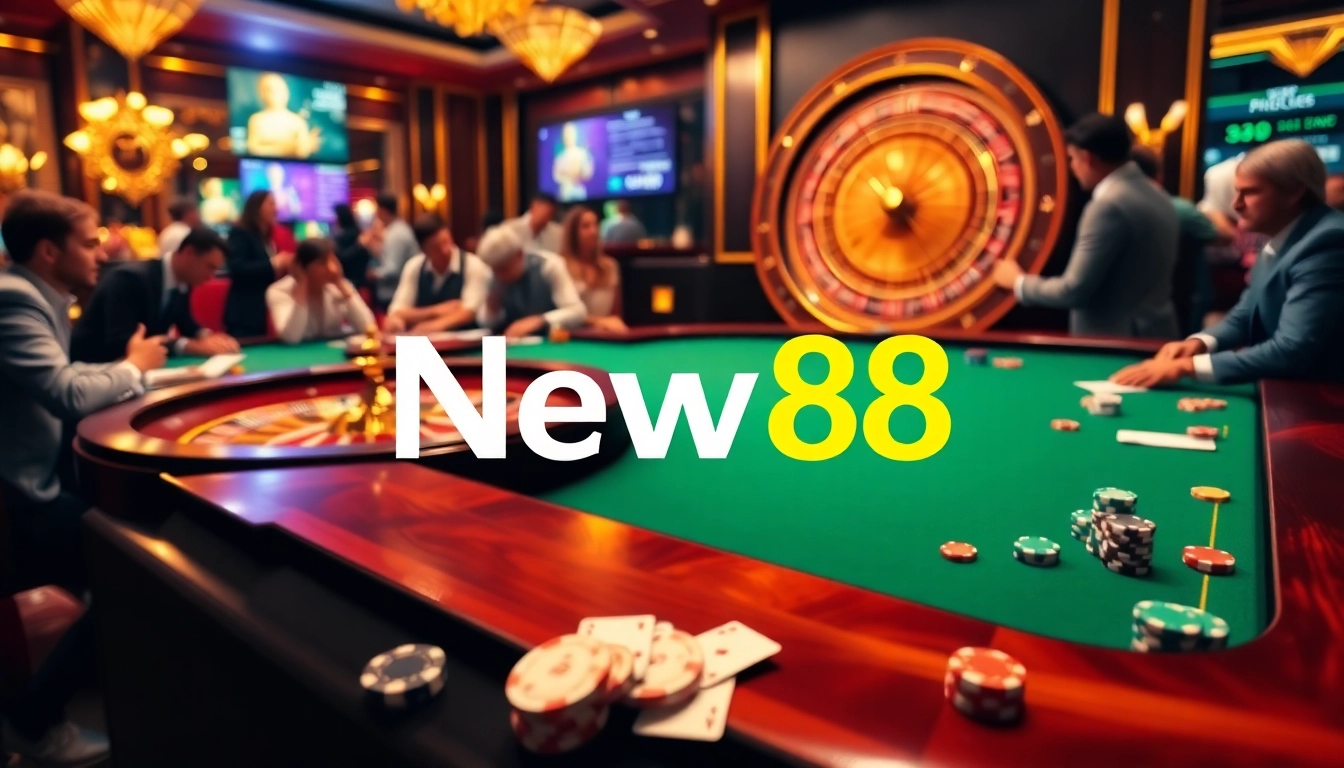Experience the excitement of New88 with vibrant casino games and glamorous poker atmosphere.